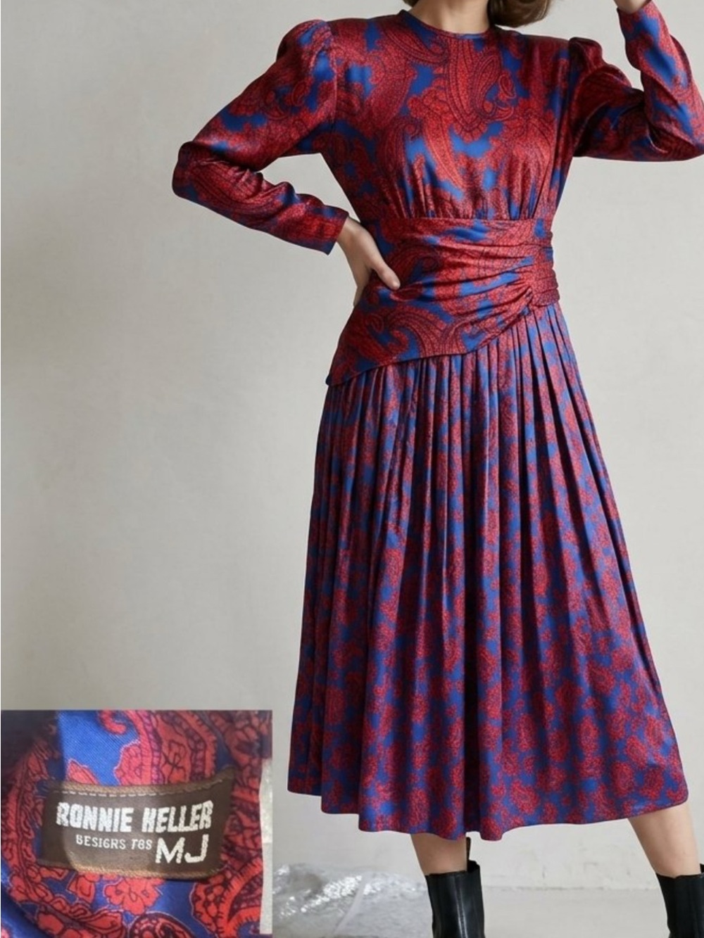Vintage 80s Ronnie Heller for MJ Paisley Dress Padded Shoulders Size 6